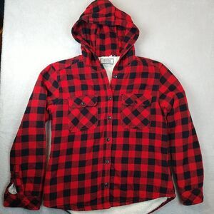 Boston Traders Flannel Shirt Jacket Women's Small Red Buffalo Plaid Sherpa Hood
